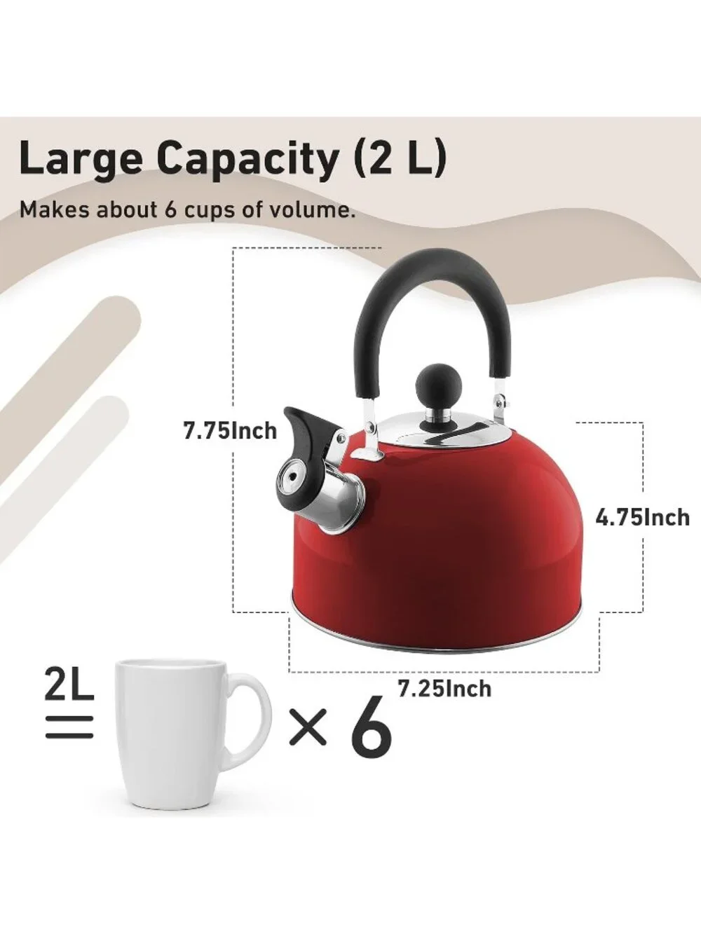 Red Kitchen Whistling Tea Kettle 2 Quart Stainless Steel Stovetop Teapot Boiler